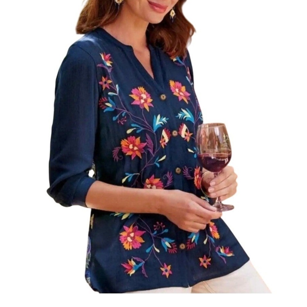 Soft Surrounding Embroidered Boho Tunic Blouse Flowy Artsy Paisley Floral Small